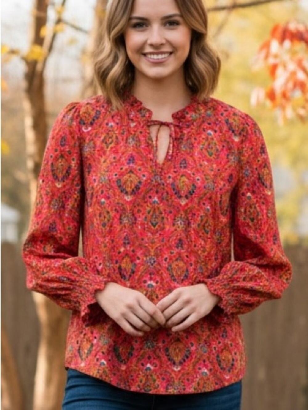 Talbots NWOT Women Size MP Orange Pink Paisley Blouse Ruffle Smocked Peasant